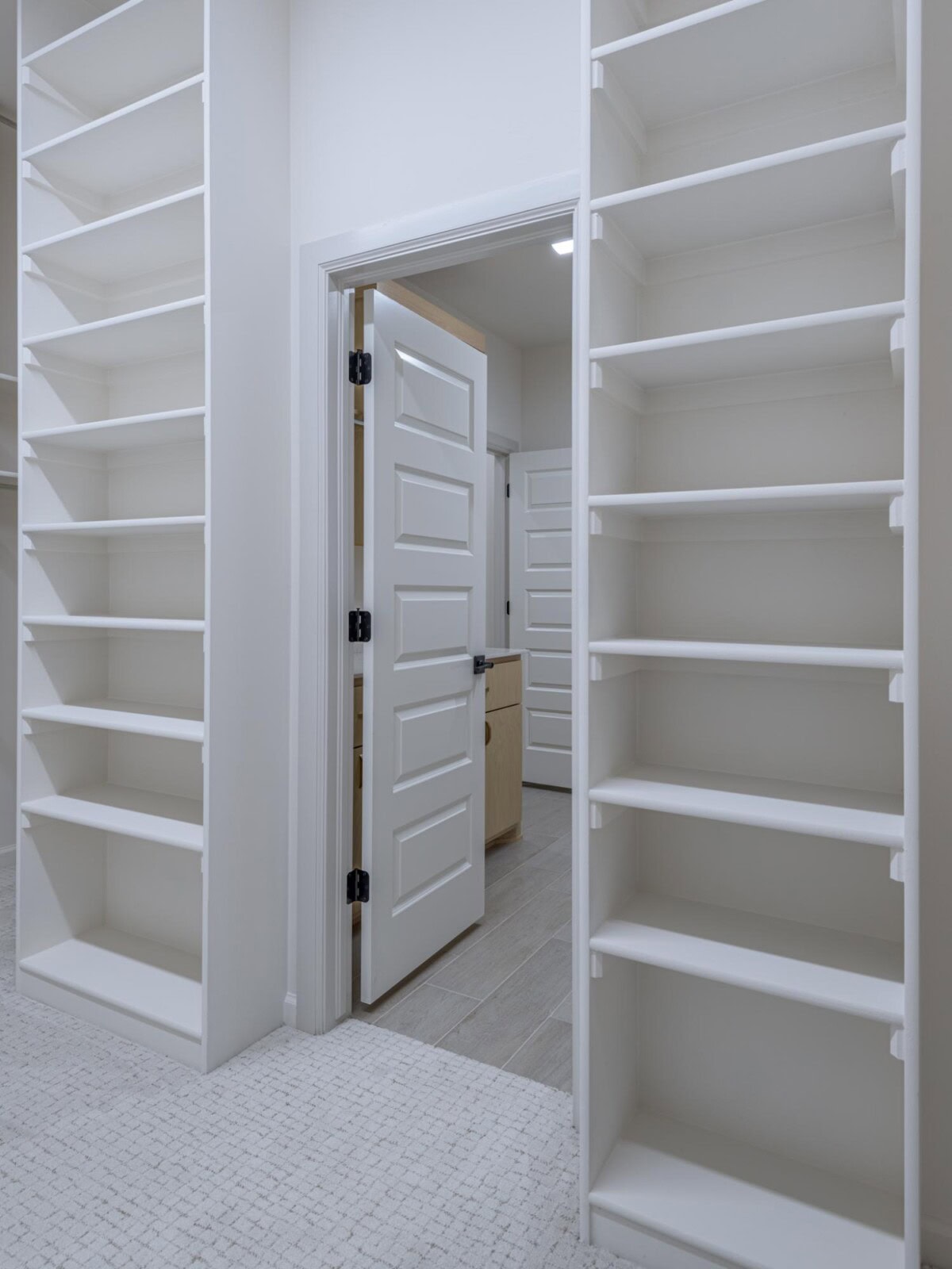 A white closet with shelves and a door