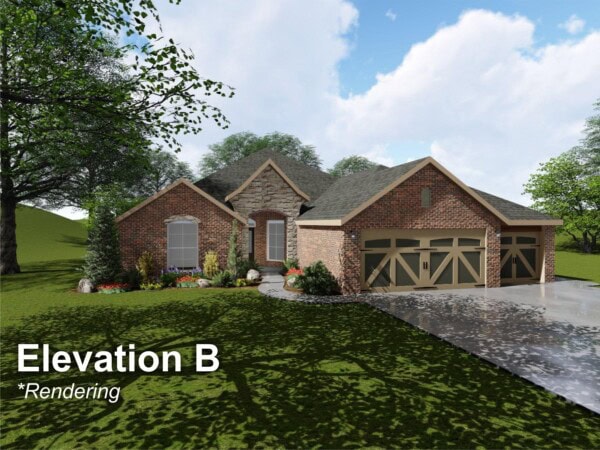 The elevation b is a two story home with a garage