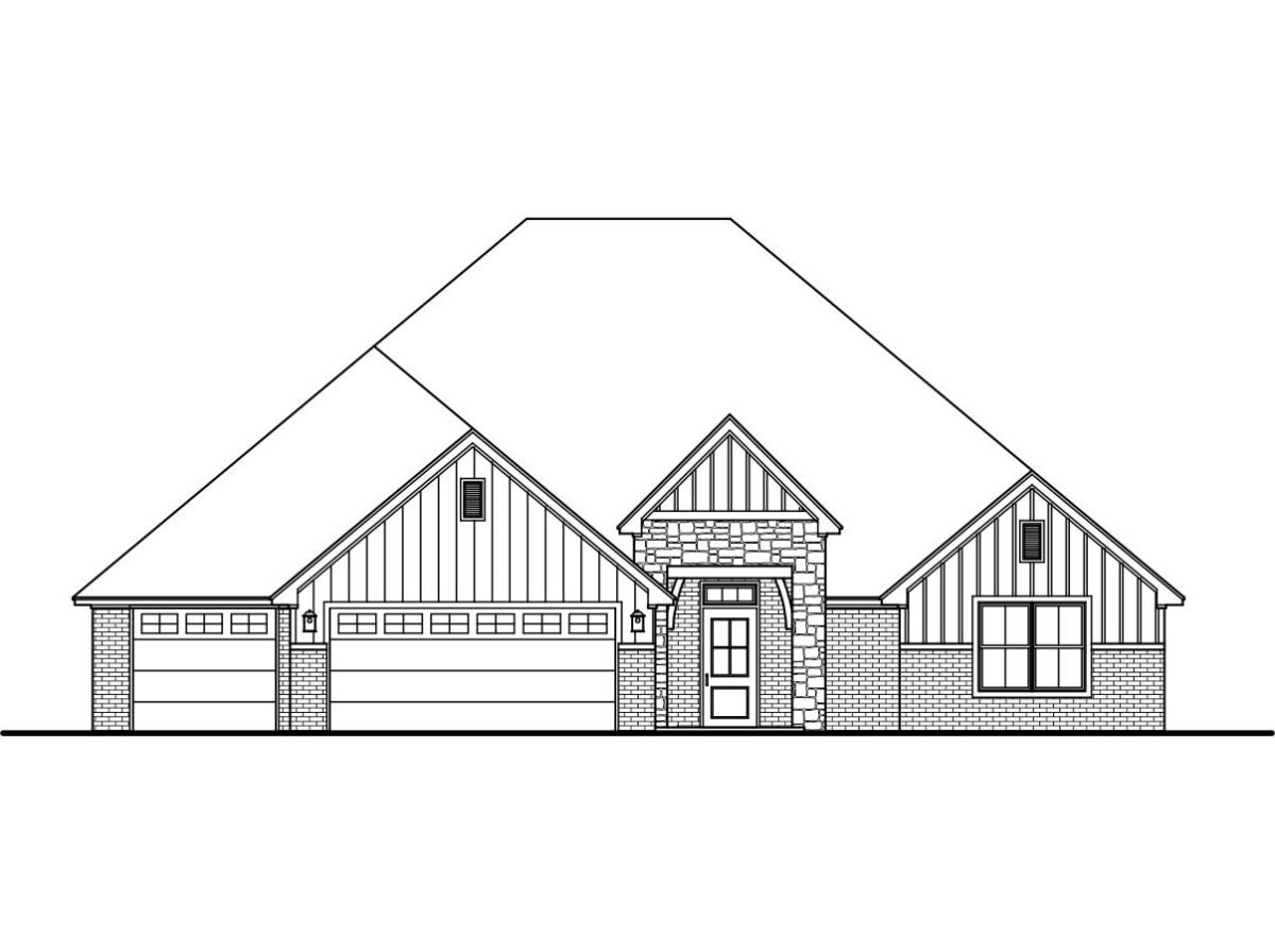 The front elevation of this home plan