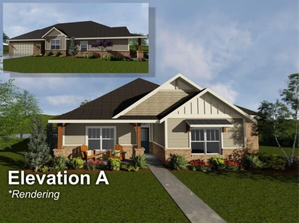The elevation a home plan is shown in this rendering