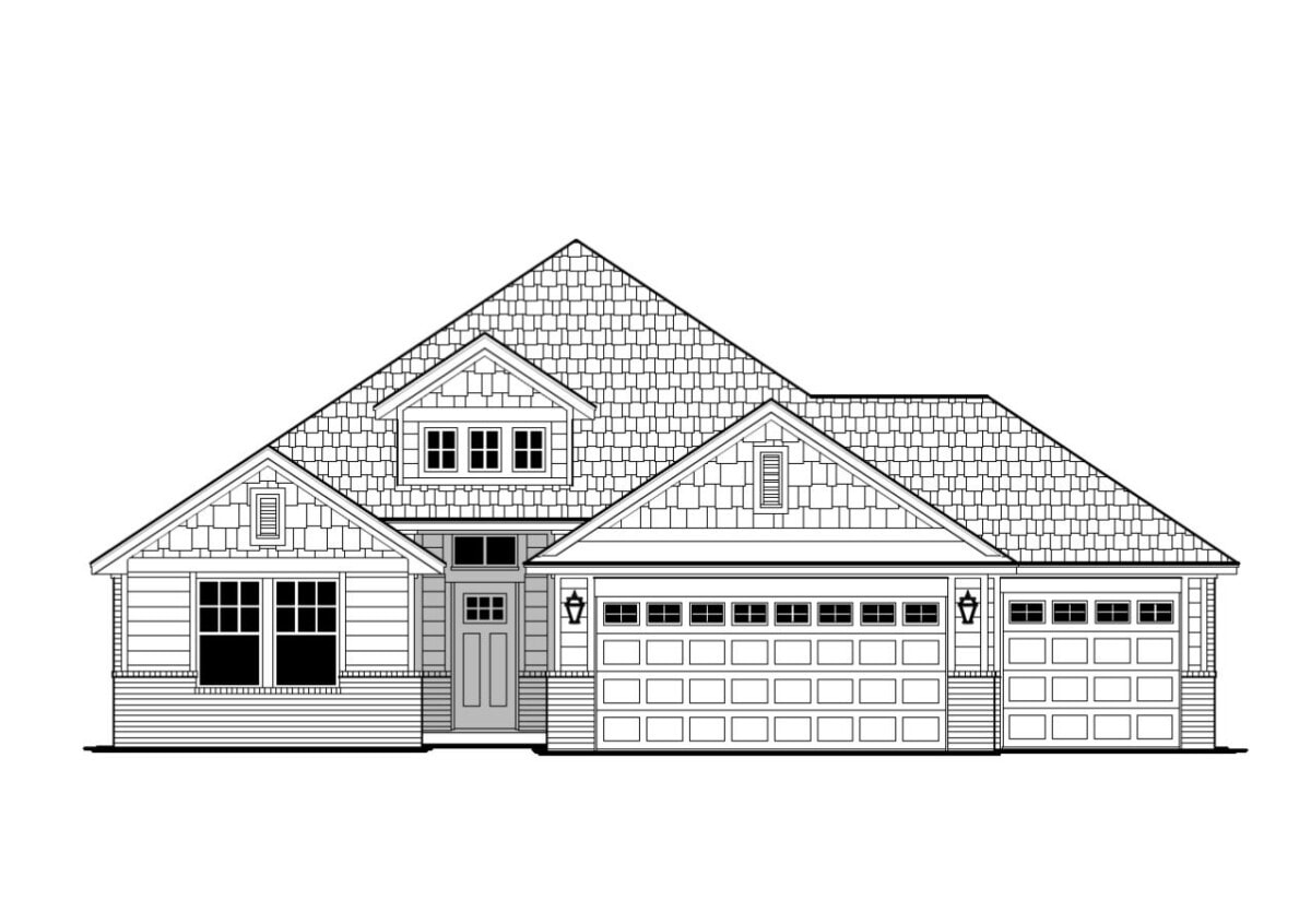 The front elevation of this home plan