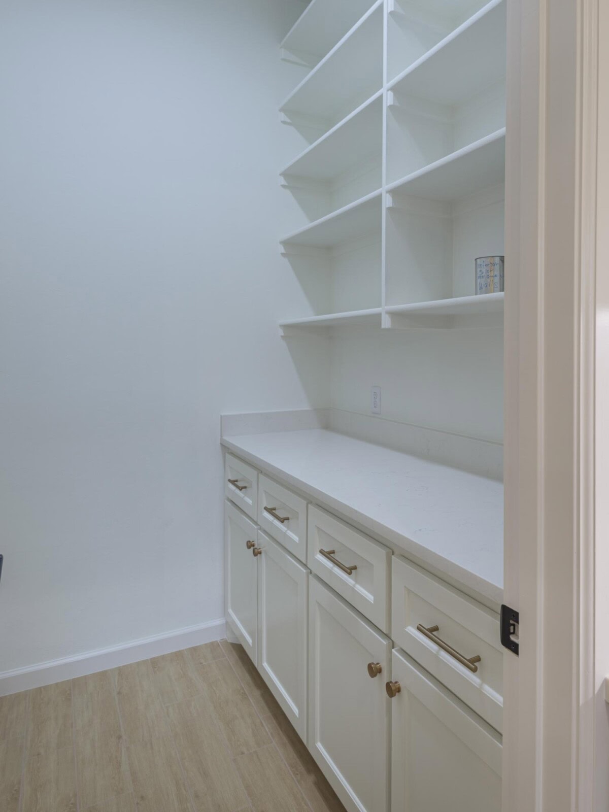 A white pantry with shelves and cabinets