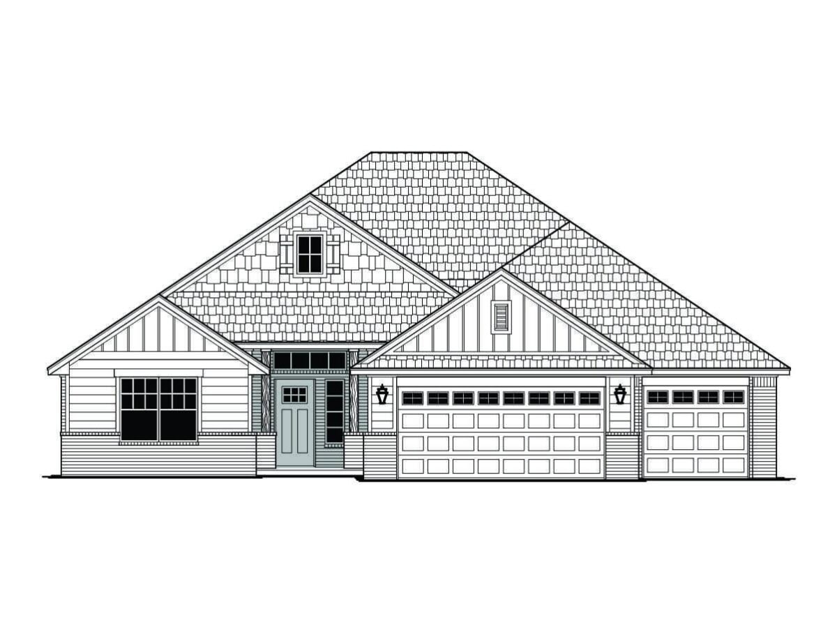 The front elevation of this home plan